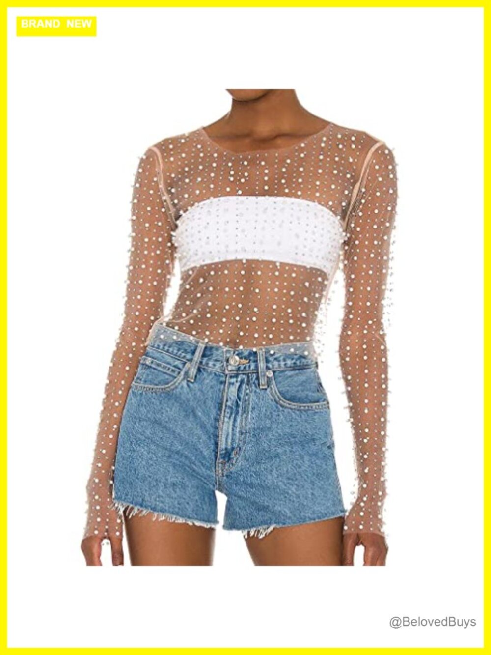 Women Sheer Mesh Pearl Rhinestone Beaded Crop Top Long Sleeve Y2K Clubwear